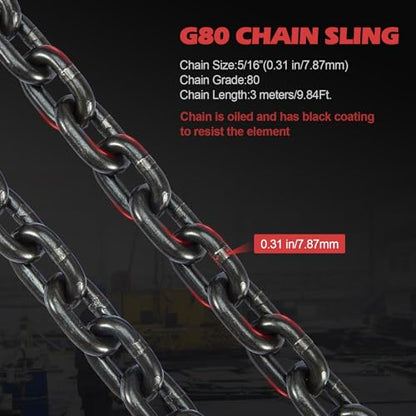 Pindex 5/16 Inch x 10 Ft 7000lbs 3.18 Tons G80 Chain Sling with Adjuster Hooks,Adjustable Length and Angle for Safe Towing - size: 10Ft 3T Adjustable