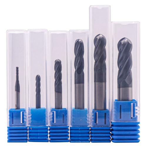 6Pcs 1/16"-3/8" 4 Flute Solid Carbide Ball Nose End Mills Set, AlTiN Coated