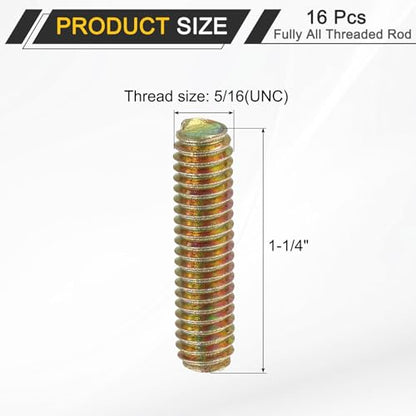 uxcell 16 Pack Fully All Threaded Rod 5/16" Thread, 1-1/4" Length, Thread Screw Threaded Rod Screw Sofa Foot Screw Bolt for Chair Furniture Mounting Assembly Fastening - size: 1-1/4"