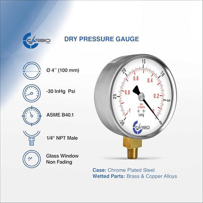 Dry Vacuum Pressure Gauge 0 to -30 inHg, 4" Dial, 1/4 NPT Lower Mount, Chrome Plated Steel Case, Brass Wetted Parts, Dual Scale inHg/Bar - ASME B40.1 Grade A - size: -30 inHg - 0, style: STANDARD