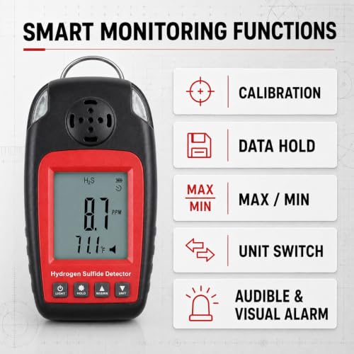 H2S Gas Detector, Portable Hydrogen Sulfide Detector Gas Leak Detectors & Alarms Electrochemical H2S Monitor Meter Single Gas H₂S Sensor Poisoning Alarm with Clip and LCD Screen Backlight