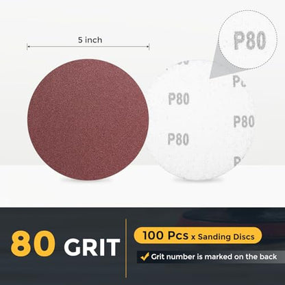 HARFINGTON 100 Pcs 5 Inch Sanding Discs 80 Grit Red Aluminum Oxide - size: 5 Inch(80 Grit)