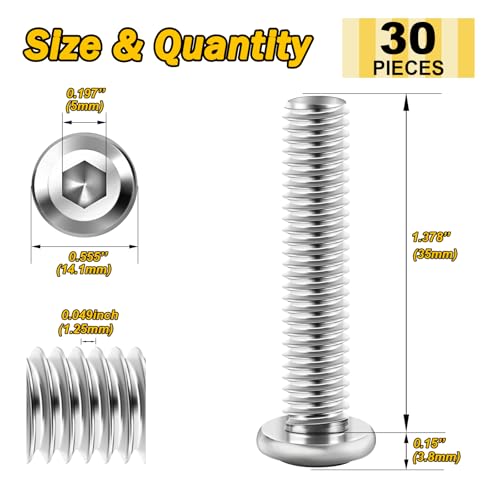 30Pcs M8 x 35mm M8 Bolts Flat Head M8x1.25 Bolt Hex Socket Cap Screws Bolts, M8 Screws 304 Stainless Steel Furniture Screws Full Thread, Bright Finish & Hex Spanner by Mywish - color: Silver-M8, size: 35mm