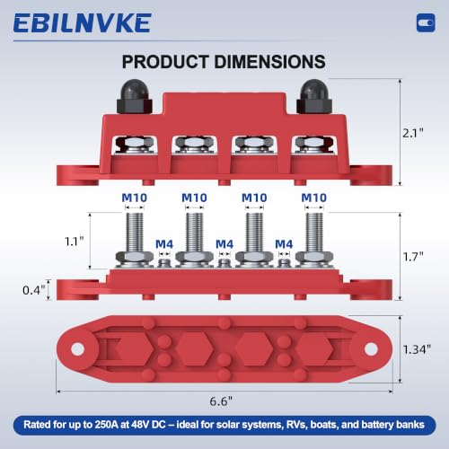 Bus Bar 12V 250A Power Distribution Block 4 x 3/8"(M10) Studs - color: Red&Black M10 250A