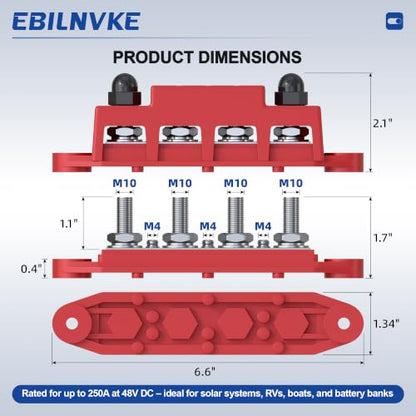 Bus Bar 12V 250A Power Distribution Block 4 x 3/8"(M10) Studs - color: Red&Black M10 250A