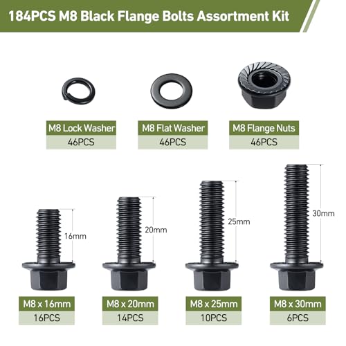 M8-1.25 Bolt Flange Head Bolts Assortment Kit,184Pcs Metric Bolts and Nuts Kit Serrated Flange Nuts Washers,10.9 Alloy Steel Black Zinc Plated(M8x16/20/25/30mm) - size: Black M8 184PCS Flanged Bolt