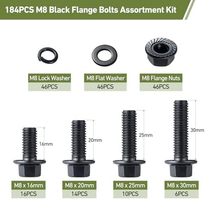 M8-1.25 Bolt Flange Head Bolts Assortment Kit,184Pcs Metric Bolts and Nuts Kit Serrated Flange Nuts Washers,10.9 Alloy Steel Black Zinc Plated(M8x16/20/25/30mm) - size: Black M8 184PCS Flanged Bolt