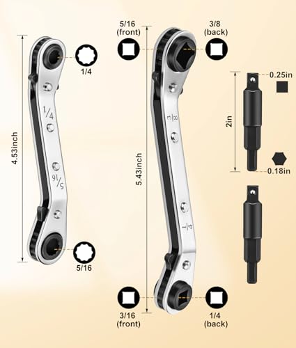 HVAC Service Wrench 2PCS, 3/16", 1/4", 5/16", 3/8" with Hex Bit Adapters