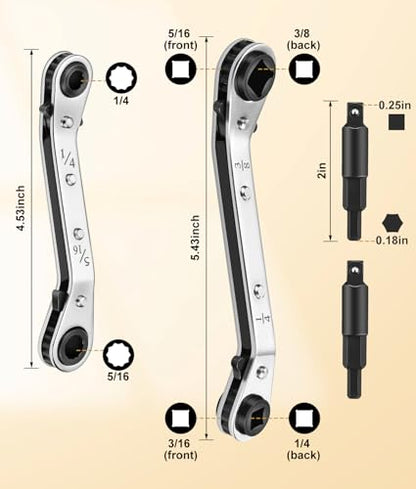 HVAC Service Wrench 2PCS, 3/16", 1/4", 5/16", 3/8" with Hex Bit Adapters