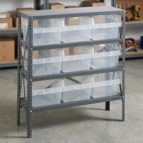 Quantum Storage 1239-SB809 Store-Max Steel Shelf Bin Organizer System, 9 8"H Hopper-Front Bins, 4-Shelf Unit, 400 lb Per Shelf, for Warehouse, Shop, Garage & Stockroom, 12"D x 36"W x 39"H, Clear - size: 39" H x 36" W x 12" D, style: 12" L x 12" W x 8" H 9
