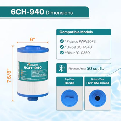 6CH-940 Spa Filter Replaces PWW50P3, FC-0359, 03FIL1400, 25252, 2-Pack