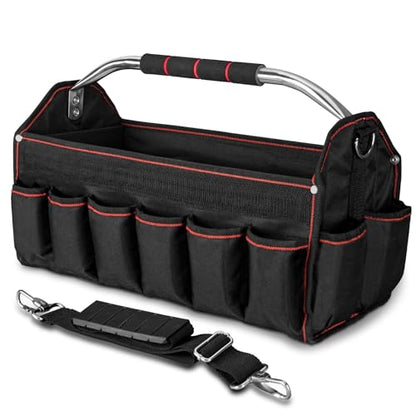 HAUTMEC 18" Foldable Tool Tote, Open Top Tool Bag with Removable Divider & Stiff Frame, 23-Pockets Electrician Tool Bag with Padded Steel Handle, Shoulder Strap & Water-Resistant Hard Base – HT0020 - size: 18-Inch, style: Foldable