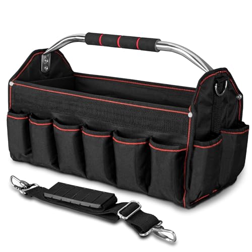 HAUTMEC 18" Foldable Tool Tote, Open Top Tool Bag with Removable Divider & Stiff Frame, 23-Pockets Electrician Tool Bag with Padded Steel Handle, Shoulder Strap & Water-Resistant Hard Base – HT0020 - size: 18-Inch, style: Foldable