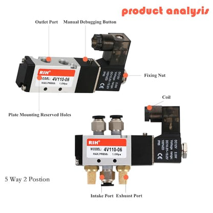 RIH Pneumatics Solenoid Valve 4V110-06 12V/24V/110V Series Single Coil Pilot-Operated Electric 2 Position 5 Way Connection Type (DC12V/Junction Box, 1/8"NPT) - size: DC12V/Junction Box, style: 1/8"NPT