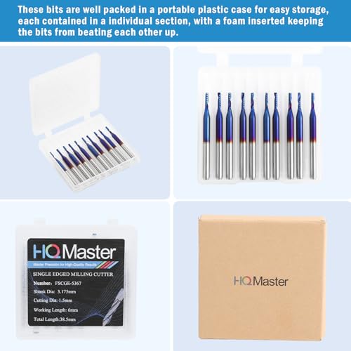 HQMaster 10 Pack O Flute CNC Router Bits End Mill Milling Cutter 1/8" Shank, 1/16" Cutting Dia. Spiral Router Bits CNC Bits Single Edged Cutting Engraving Bits Tungsten Carbide