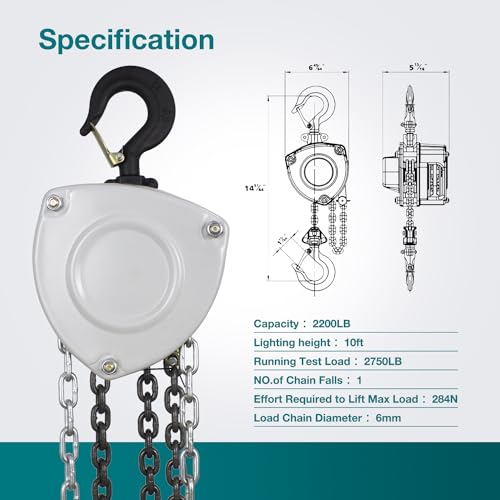 TOYO Chain Hoist 2200Lb,10ft Manual Chain Block Hoist 1ton Chain Fall 3M Come Along Hand Chain Hoist 2 Heavy Duty Hooks Industrial Grade Steel for Warehouse Automotive Construction Building - size: 1 Ton 10FT