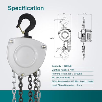 TOYO Chain Hoist 2200Lb,10ft Manual Chain Block Hoist 1ton Chain Fall 3M Come Along Hand Chain Hoist 2 Heavy Duty Hooks Industrial Grade Steel for Warehouse Automotive Construction Building - size: 1 Ton 10FT