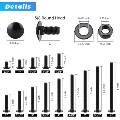 16 Sets 3/8-16 x 1-3/4" Black Carriage Bolts Screws and Hex Nuts & Flat Washers, 304 Stainless Steel 18-8, Round Head Square Neck, Full Thread Coverage - size: 3/8-16 x 1-3/4"