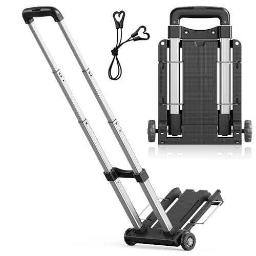 Mini Small Folding Hand Truck Dolly with 2 Tank Wheels, Expandable Base Plate Utility Luggage Cart with 1 Elastic Ropes, Portable Dolly Cart for School Travel Office Moving - color: Black