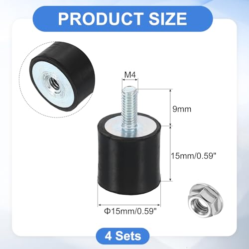 uxcell M4 Rubber Mounts, 4Pcs 14x15mm(DxH) Rubber Cylindrical Anti Vibration Isolator Shock Absorber with Lock Nut for Car Bobbin Generator Air Compressors - size: M4x10mm, 15x15mm Rubber