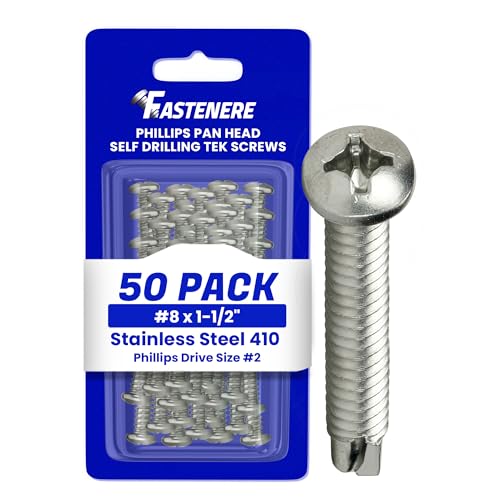Fastenere Pan Head Self Drilling Tek Screws - #8 x 1-1/2" (50 Pack) Stainless Steel 410, Full Thread, Bright Plain Finish, Corrosion-Resistant, Self-Drilling, Easy to Install w/Phillips Drive Size #2 - size: #8 x 2" (50 Pack)