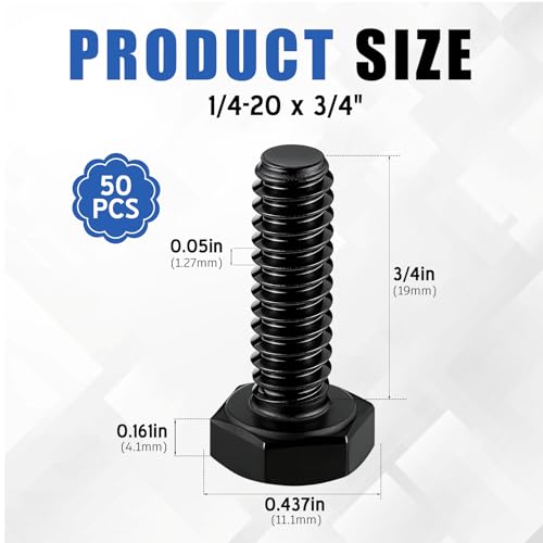 Zonon 50 Pcs 1/4-20 x 3/4" Hex Head Screw Bolt, Black - color: Black, size: 1/4-20 X 3/4"