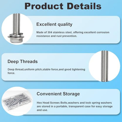 MroMax 10 Sets 5/16-18 x 3" Hex Head Screw Bolt, Nuts, Flat Washer & Spring Lock Washers Kits,Fully Threaded, Stainless Steel 18-8（304）, Bright Finish - size: 5/16-18 x 3" (10 Sets)