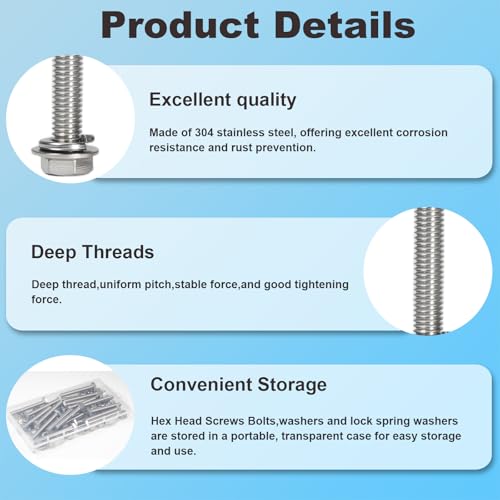 MroMax 20 Sets 1/4-20 x 1-1/2" Hex Head Screw Bolt, Nuts, Flat Washer & Spring Lock Washers Kits,Fully Threaded, Stainless Steel 18-8（304）, Bright Finish - size: 1/4-20 x 1-1/2" (20 Sets)