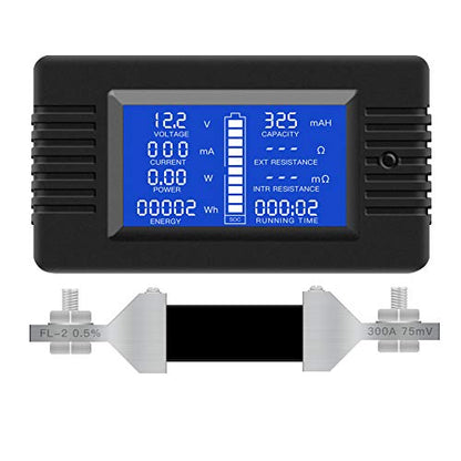 DC 0-200V 300A Battery Monitor with Shunt, 9-in-1 Digital LCD Multimeter - style: DC 300A Battery Meter（300A Shunt）