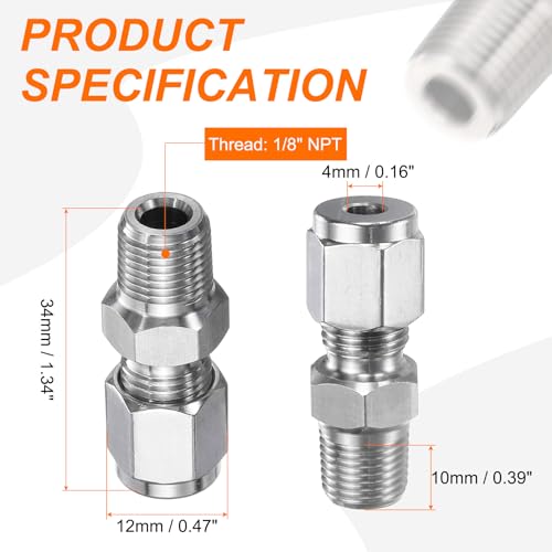 HARFINGTON 2pcs Compression Fitting 4mm Tube OD x 1/8" NPT Male Thread Stainless Steel Straight Coupler Adapter Compression Tube Pipe Fitting Connector for Oil Gas Water - size: 4mm OD x 1/8" NPT
