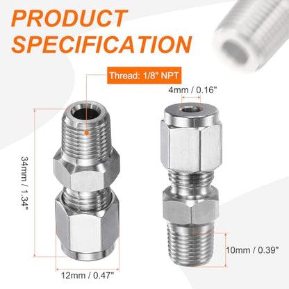 HARFINGTON 2pcs Compression Fitting 4mm Tube OD x 1/8" NPT Male Thread Stainless Steel Straight Coupler Adapter Compression Tube Pipe Fitting Connector for Oil Gas Water - size: 4mm OD x 1/8" NPT