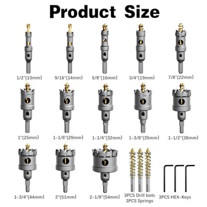 19 PCS (1/2" to 2-1/8") Carbide Hole Saw Kit for Metal - Heavy Duty TCT Hole Cutter Drill Bits Set with Titanium Pilot & L-Wrench, for Stainless Steel/Iron/Aluminum | Metal| - size: 19PCS（1/2" to 2-1/8")