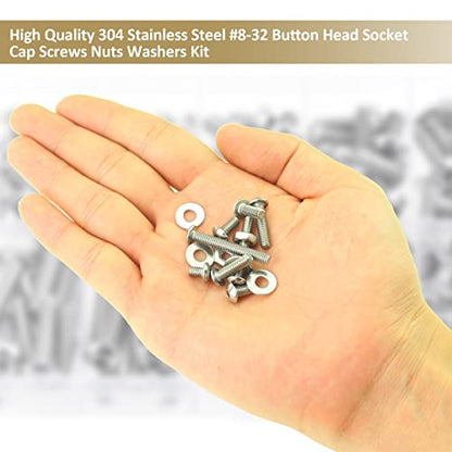 212 Pieces #8-32 x 1/4", 5/16", 3/8", 1/2", 5/8", 3/4", 1", 1-1/4", Button Head Socket Cap Screws Nuts Washers Assortment Kit, 304 Stainless Steel, Fully Machine Thread - size: #8-32, style: Button Head