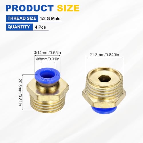 4Pcs Pneumatic Push to Connect Fitting Fit 8mm OD Tube 1/2 G Male - size: 8mm OD x 1/2 G