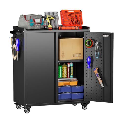 Aobabo 31.5" H Garage Storage Cabinet with Wheels,Lockable Metal Storage Cabinet with 2 Doors for Garage Home Office Storage,Black,Assembly Required - color: Black, size: 13.8"D x 26"W x 31.5"H
