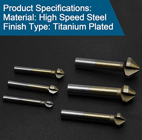 6 Pack 3 Flute 90 Degree Countersink Drill Bit Set, Titanium HSS Chamfering Tool Set Metric End Mill Cutter Bits, Deburring Chamfering Bit for Metal, Wood, Aluminum, Stainless Steel