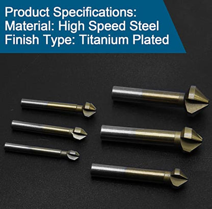 6 Pack 3 Flute 90 Degree Countersink Drill Bit Set, Titanium HSS Chamfering Tool Set Metric End Mill Cutter Bits, Deburring Chamfering Bit for Metal, Wood, Aluminum, Stainless Steel