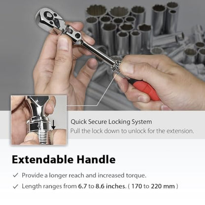 FIRSTINFO 1/4 Drive Locking Flex-Head Ratchet Wrench Extendable, 72-Tooth - size: 1/4-Inch Drive
