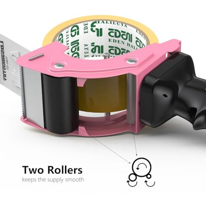 Rapid-Replace Packing Tape Dispenser Gun with Tape and Extra Blade, 2IN(50mm) Lightweight Ergonomic Industrial Handheld Heavy Duty Tape Cutter for Carton, Packaging and Box Sealing, Pink - color: Pink