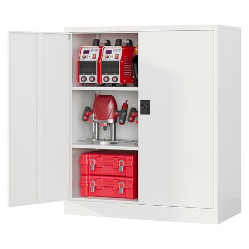 Metal Garage Storage Cabinets with Lock, 36" Tall Tool Cabinet with 2 Door and 2 Adjustable Shelves, Locking Garage Cabinets and Lockable Steel Locker for Home Office Warehouse - (White-36”H) - color: White, size: 36"H