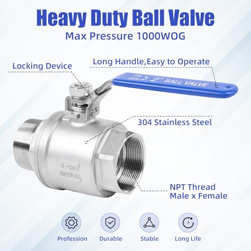YADIAN 2 Pack 2 Inch Male x Female NPT Ball Valve 304 Stainless Steel Full Port Heavy Duty Shut Off Valve with Blue Vinyl Insulation Handle and Locking Device for Water, Oil, and Gas, 1000WOG - size: 2 Inch
