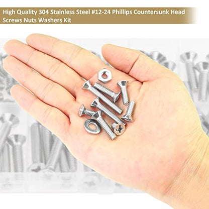 104 Pieces #12-24x 3/8", 1/2", 5/8", 3/4", 7/8", 1", 1-1/4", 1-1/2",Phillips Countersunk Head Machine Screws Nuts Washers Assortment Kit, 304 Stainless Steel, Fully Machine Thread - size: #12-24