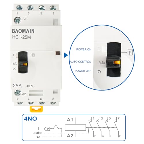 BAOMAIN 24V 4-Pole 25A Manual/Auto AC Contactor, 4NO, DIN Rail Mount