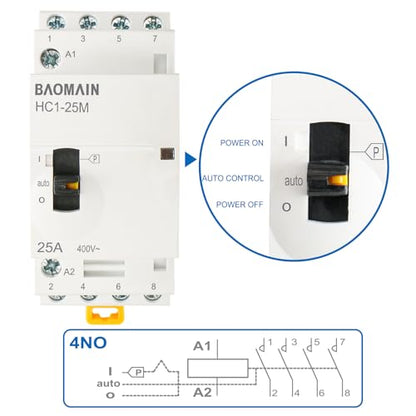 BAOMAIN 24V 4-Pole 25A Manual/Auto AC Contactor, 4NO, DIN Rail Mount