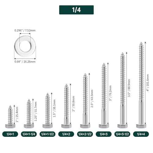 1/4 x 2-1/2" Hex Head Lag Screws Bolts with Flat Washers (20 Sets), 304 Stainless Steel 18/8, Partial Thread, Deck Screws, Heavy Duty Hex Head Wood Lag Screws, Fayeploo - size: 1/4 x 2-1/2"