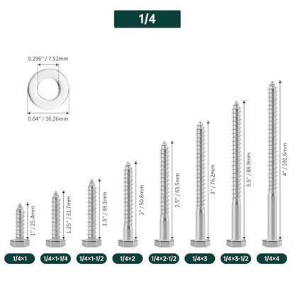 1/4 x 4 Hex Head Lag Screws Bolts with Flat Washers (10 Sets), 304 Stainless Steel 18/8, Partial Thread, Deck Screws, Heavy Duty Hex Head Wood Lag Screws, Fayeploo - size: 1/4 x 4"