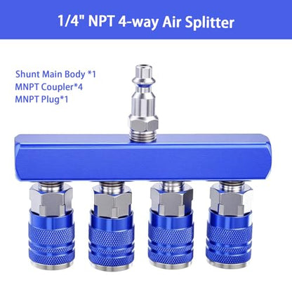 4-Way Air Manifold 1/4 Inch Air Hose Splitter Industrial Connect Fitting 4 Couplers Plug Blue - color: Blue