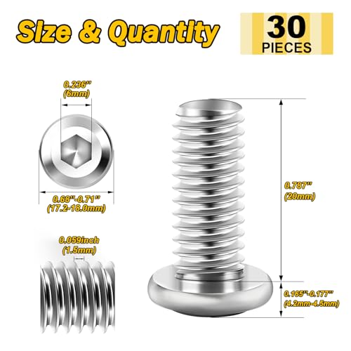Mywish M10 x 20mm 30Pcs Silver Flat Head Hex Socket Cap Screws Bolts, 304 Stainless Steel Furniture Bolts Full Thread & Hex Spanner - color: Silver-M10, size: 20mm