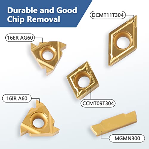Carbide Lathe Tools -Lath Threading Bit Set 21pcs - 7pcs 5/8" Turning Holder Boring Bars & 14pcs Indexable Carbide Inserts Golden CCMT09T304 DCMT11T304 16IR A60 16ER AG60 MGMN30 - color: 7pcs 5/8" Shank holders+14pcs inserts