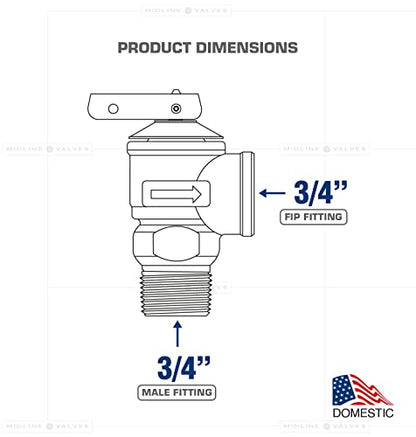 Midline Valve GUHW-QSW256 Pressure Relief Valve for Tankless Water Heater, Forged Brass, 3/4 in. FIP x MIP - style: Single Pack
